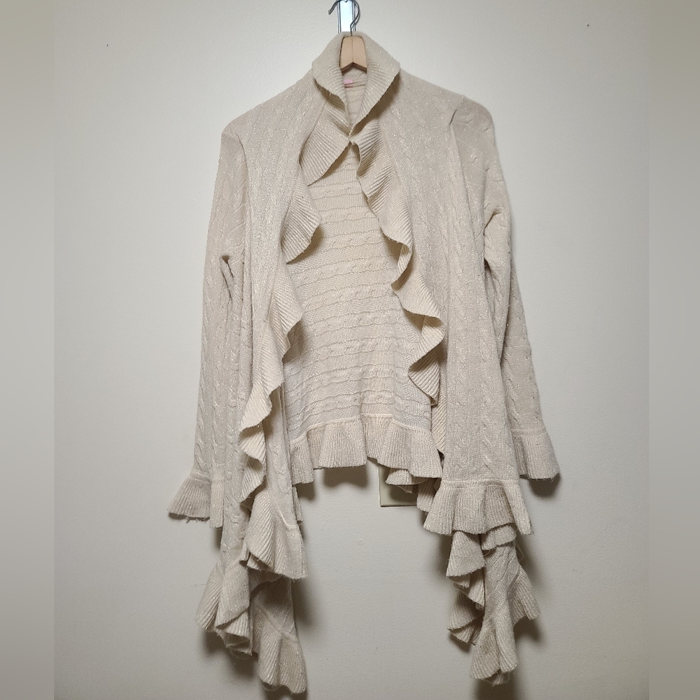 Lilly Pulitzer Gold Cream Cable Knit Cashmere Ruffle Sweater - Size Medi…